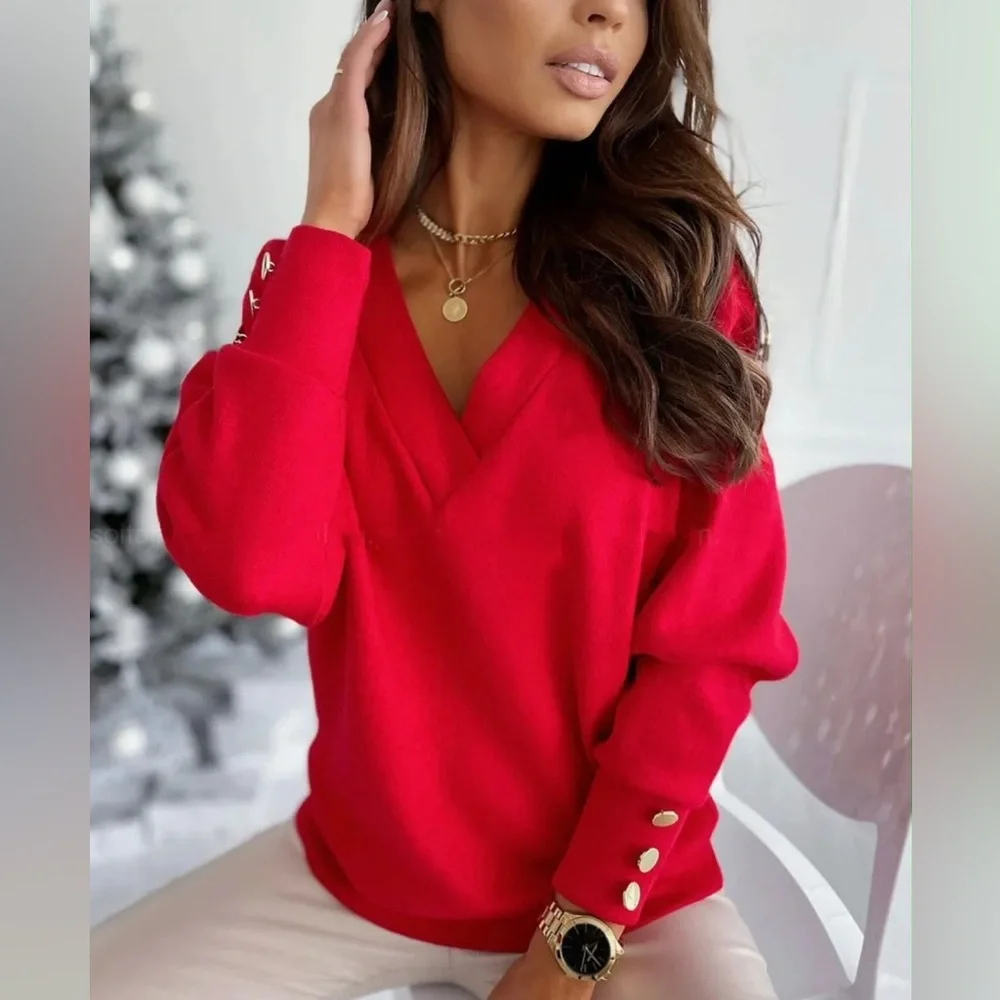 V-Neck Long Sleeve Sweatshirt red - Picture 5 of 11